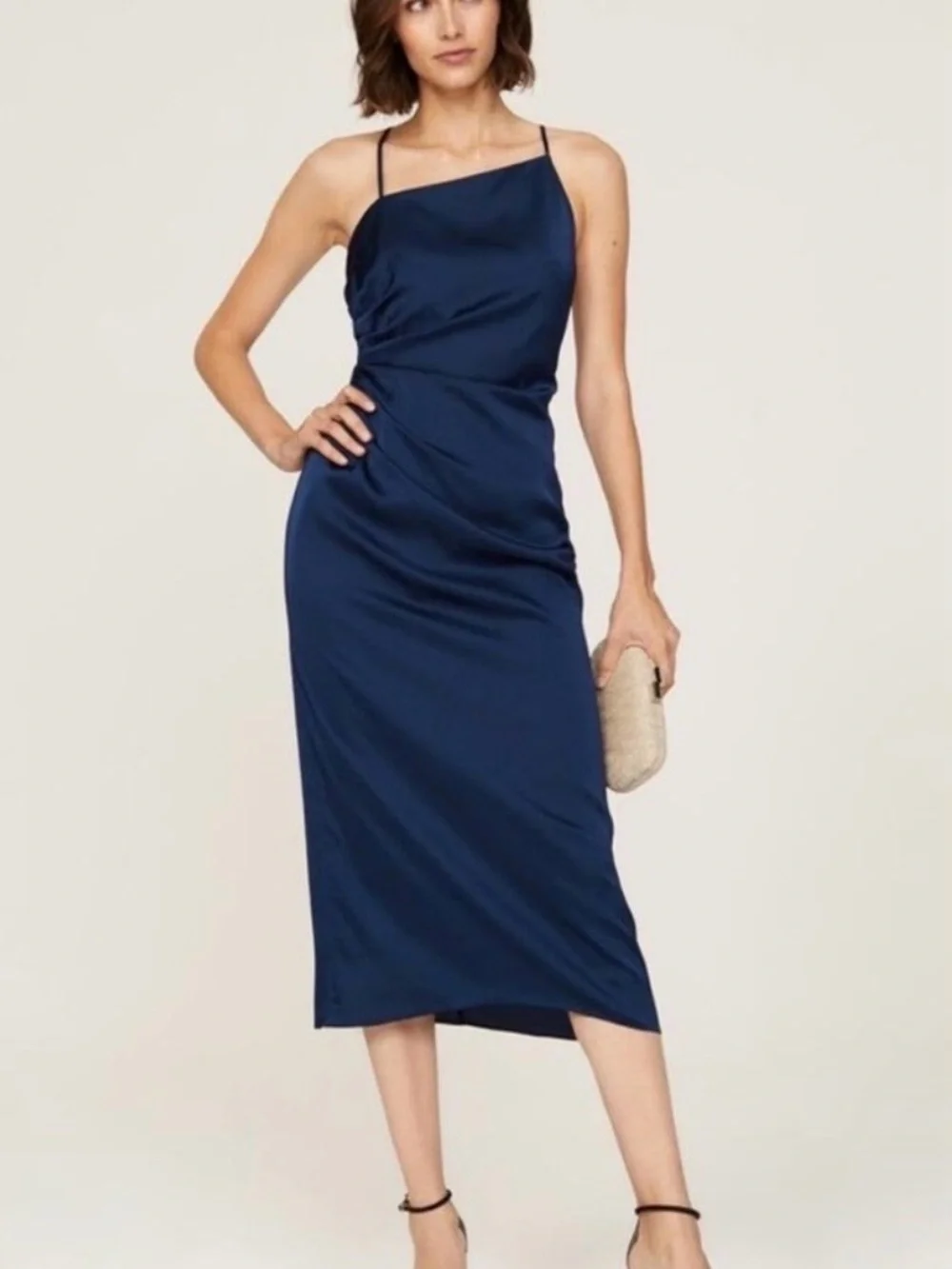 Milly Electra Women’s Navy Asymmetrical Square Neck Ruched Slip Dress sz 12 - Picture 7 of 15